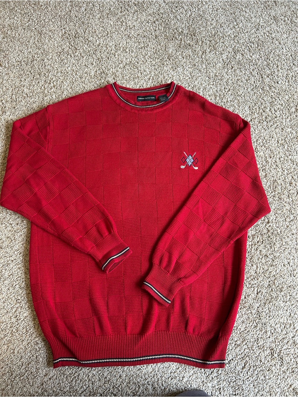 Fairway Outfitters Red 100% Cotton Textured Checkered Golf Sweater Size L